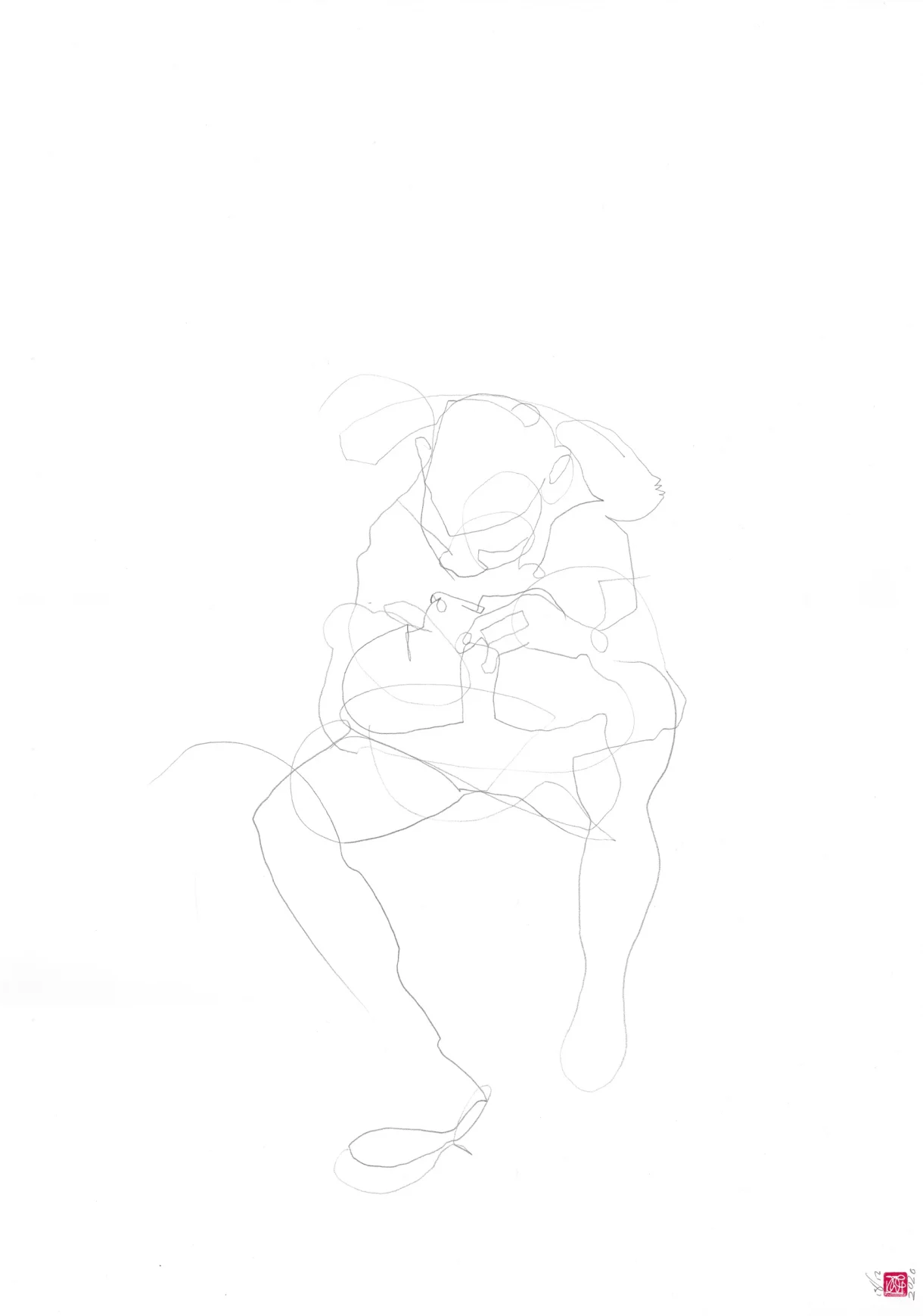 A2 Drawing Portrait - Benched Boy and His Phone